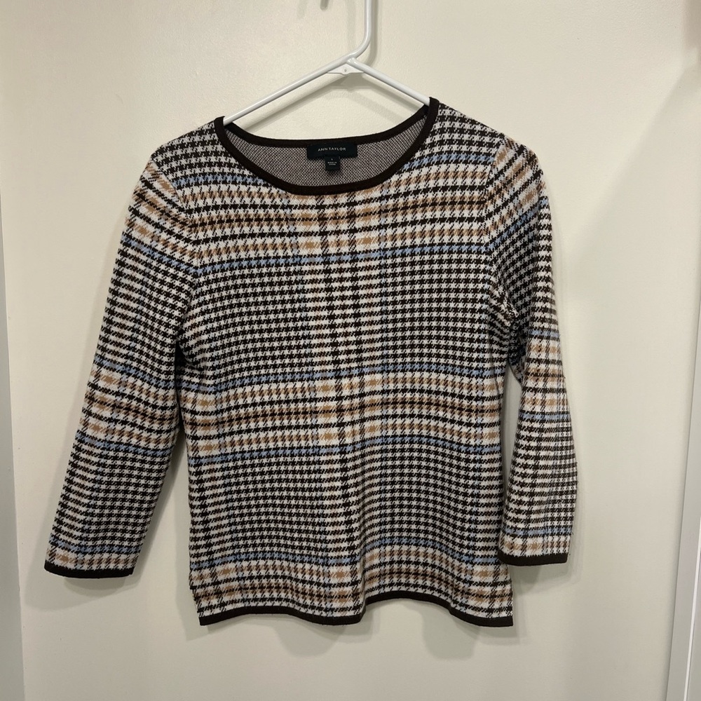 Ann Taylor Checkered Knit Top in Black, White, and Tan